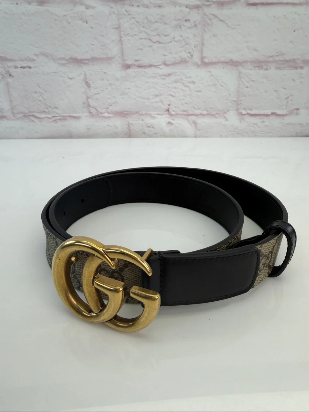 Authentic Gucci Marmont GG Double G Khaki Black Belt 625839 80/32